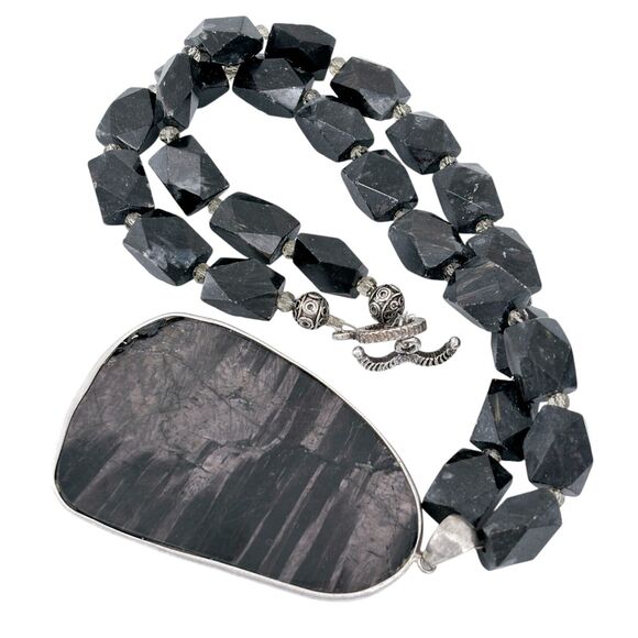 Vintage Sterling Silver 925 Hypersthene Pendant Statement Necklace 20" - Picture 3 of 9